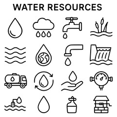 Fototapeta premium Set of sixteen water resource icons in black outline style. Includes a water drop