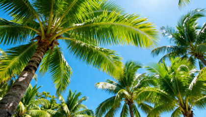 Tropical vacation scene background. Green palm tree leaves against a clear blue sunny sky. Summer holiday concept. Travel to a paradise island for relaxation. Exotic nature.