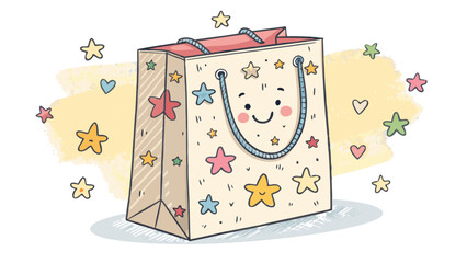 A Cute Gift Bag With A Happy Face Is Surrounded By Colorful Stars And Hearts