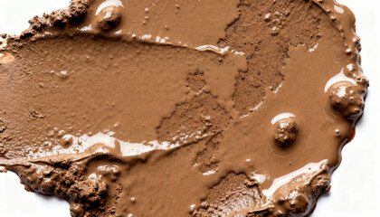 Wet mud stain texture isolated on a white background. Brown liquid soil, clay splatter, or puddle, top view. Abstract dirty splash, drop, or blot for creative design.