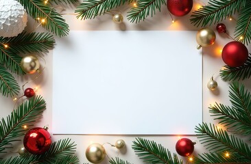 Christmas frame made of fir branches and decorations. In the middle lies a blank sheet of paper. Space for text