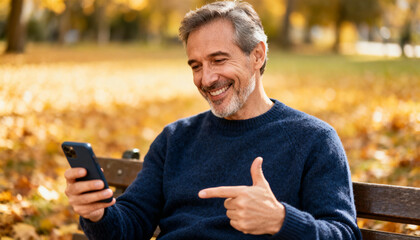 Happy mature man using smartphone in autumn park. Senior male smiling while video calling or browsing social media. Concept of modern technology, connection and active lifestyle.