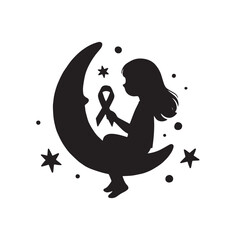 A silhouette of a child sitting on a crescent moon, holding a cancer ribbon.