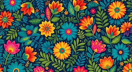 Vibrant floral pattern with colorful flowers and green leaves on a dark blue background, perfect for textiles and wallpapers hispanic heritage month background