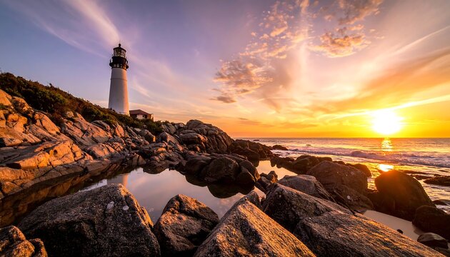 Lighthouse at sunrise over rocky shore - Powered by Adobe