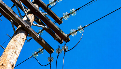 Wooden electricity pole with power lines and glass insulators against a clear blue sky. Concept of energy distribution, electrical grid, power supply, and infrastructure.