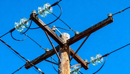 Wooden utility pole with glass insulators and power lines against a clear blue sky. Electrical grid infrastructure. High voltage energy transmission, distribution, and supply concept.