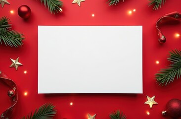 Christmas frame made of fir branches and decorations. In the middle lies a blank sheet of paper. Space for text