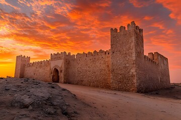 Obraz premium AI image: Majestic old fortress illuminated by a vibrant sunset sky creates a dramatic and