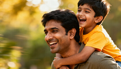 Happy smiling Indian father giving son a fun piggyback ride outdoors. Joyful parent and child laughing together. Family bonding, fatherhood, love, and childhood memories concept.