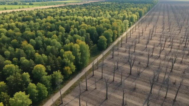 Aerial view contrasting dense green forest with deforested area, showcasing environmental changes