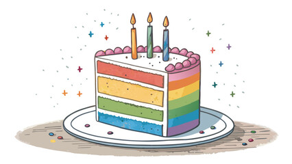 Celebratory Rainbow Cake With Three Candles For A Festive Occasion Drawn Style
