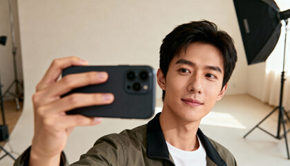 Young handsome Asian man taking a selfie self-portrait with smartphone in a photo studio. Content creator or influencer lifestyle. Technology, social media and youth concept.