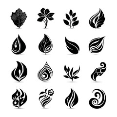 A grid of 16 stylized, black and white illustrations of flora. Designs range from leaves to flowers to swirls