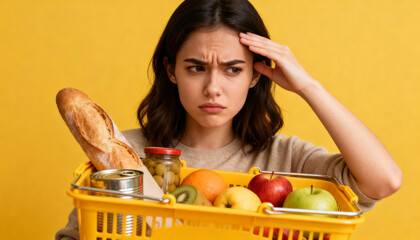 Worried woman with shopping basket stressed by rising food prices and inflation. Confused consumer making a difficult choice on a budget. Concept of economic crisis and costs.
