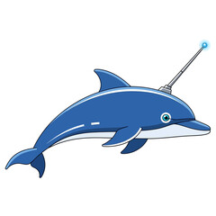 Cartoon dolphin with antenna on its head, blue and white, isolated on white.