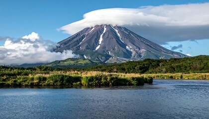 Majestic volcano, cloud cover, tranquil river