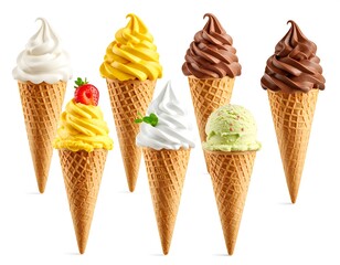 Assorted ice cream cones against white