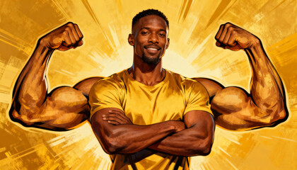 Confident strong African American man flexing huge bicep muscles. Metaphor for inner strength, power, success, and empowerment. Fitness motivation and self-esteem concept.