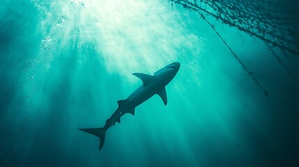 Fototapeta premium Shark swimming gracefully towards the surface with sun rays illuminating the water
