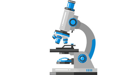 Illustration of a microscope with blue accents on a white background.