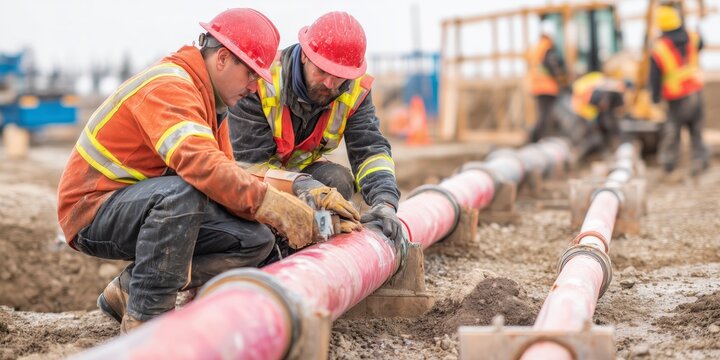 Workers are laying a water pipe at a construction site.