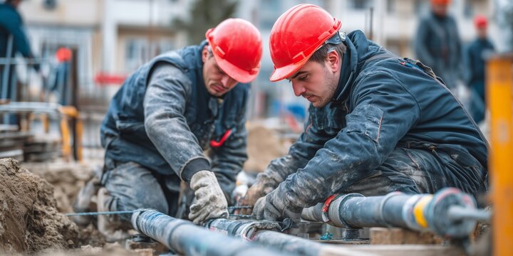 Workers are laying a water pipe at a construction site.