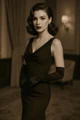 Vintage glamour model in elegant sepia portrait.