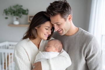 Fototapeta premium Young couple joyfully cradling their newborn baby in a cozy nursery, surrounded by soft textures and warm lighting, capturing the essence of family love and tenderness
