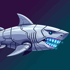 Illustration of a robotic shark with metal plating and glowing teeth.