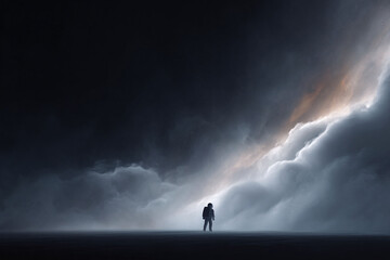 Fototapeta premium Astronaut stands before a celestial storm, a metaphor for challenge, discovery, and the unknown. Inspires exploration, courage, and overcoming obstacles. Dramatic, cinematic style.