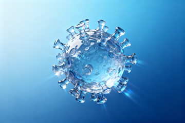 3D rendering of a transparent virus particle with spike proteins against a blue gradient background