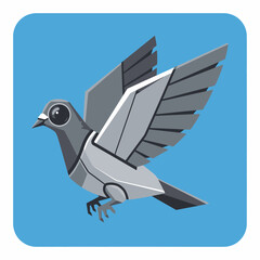 Illustration of a robotic pigeon with outstretched wings against a blue background.