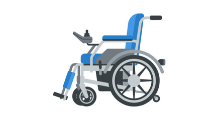 Illustration of a blue and gray electric wheelchair on a white background.