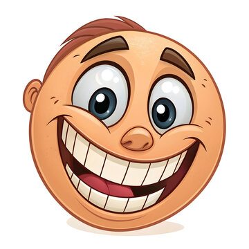 An emoji-style face with a wide grin and visible teeth, isolated on white background, expressing joy, excitement