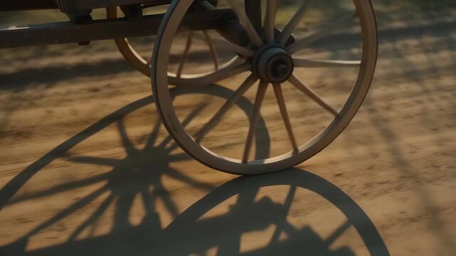 Close-up of a wooden wagon wheel turning on a dirt road, casting dynamic shadows in warm sunlight