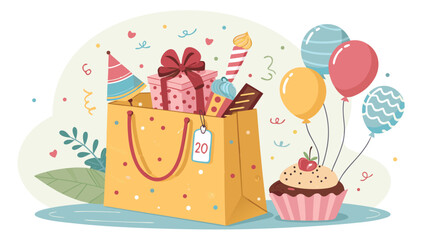 Festive Scene Shows Party Favors Overflowing From A Bag With Balloons And Cake
