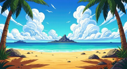 Naklejka premium Tropical paradise beach scene with palm trees and island in the distance