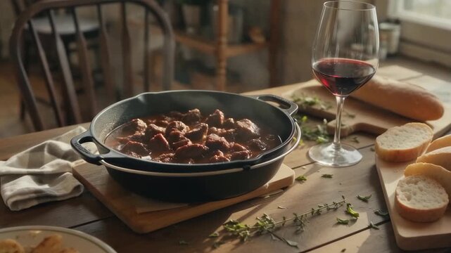 A cozy dining setup showcasing a steaming dish of hearty stew, accompanied by bread and a glass of red beverage on a rustic table