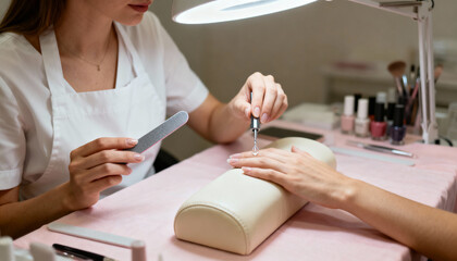 Close-up manicure treatment at nail salon with professional nail technician applying cuticle oil and filing nails with tools on pink table mat for hand care and beauty