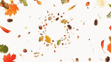 A wreath made of autumn leaves and acorns laid flat on a white background, with space left for text/design, serving as an autumn-themed decoration.