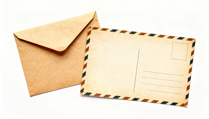 Top view of vintage airmail envelope and retro postcard with blank address side on white background, old-fashioned correspondence, postal mail concept