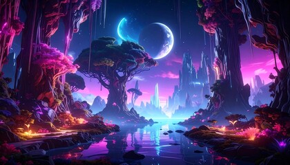 A vibrant, dreamlike landscape. It features alien flora and crystalline structures. Two moons hang in a purple sky, reflecting in serene waters. The scene is awash in neon hues
