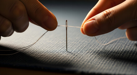 Threading a needle on denim fabric close up with hands.
