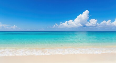 Serene tropical beach horizon with turquoise waters and fluffy clouds under a blue sky