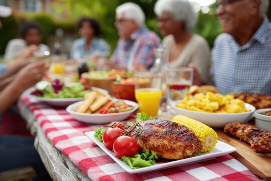 Group of diverse individuals enjoying a summer outdoor barbecue feast with various dishes on a picnic table, showcasing vibrant colors and joyful atmosphere of togetherness