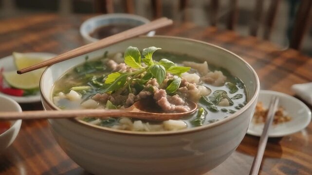 A flavorful bowl of steaming soup with herbs and meat on a wooden table, illuminated by soft sunlight