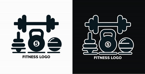 Illustration of fitness logo with dumbbell, kettlebell, and weight plates