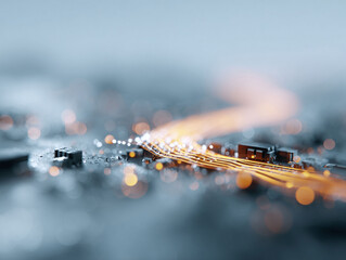 Abstract closeup of a circuit board with glowing pathways, symbolizing connectivity, innovation, and data flow. Perfect for technology, science, or futuristic concepts.