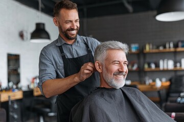 Male barber with dark hair is cutting gray-haired man's hair in a modern salon, showcasing professional grooming skills and a friendly atmosphere